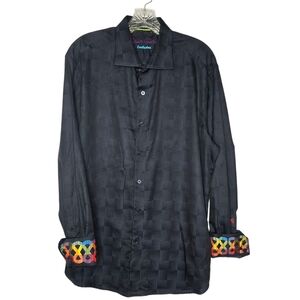 Robert Graham Black Button Down Dress Shirt Rainbow Plaid Cuff Classic Fit Large